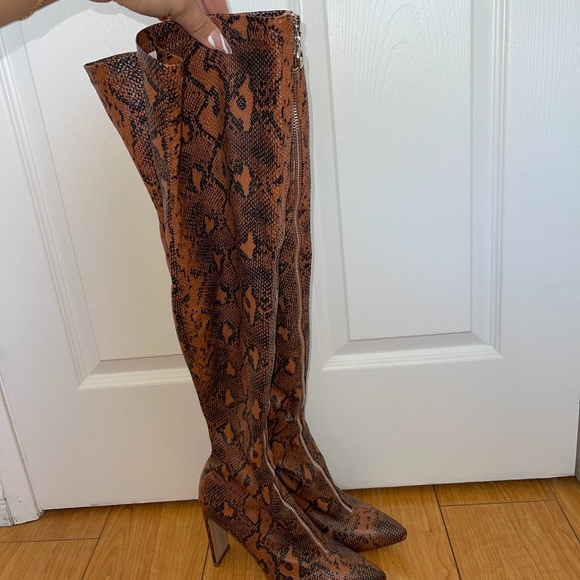 Brown Snake Front Zip Up Thigh High Boots Thigh High Vegan Size 8 - Picture 7 of 10